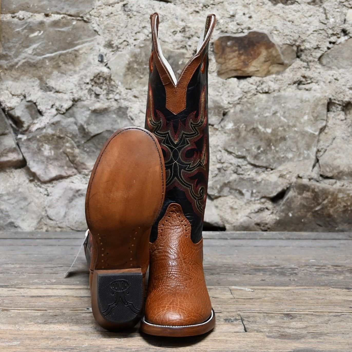 View of Hondo 16" cowboy boot with black volcano top, walnut Spanish shoulder vamp, W toe, and pull holes
