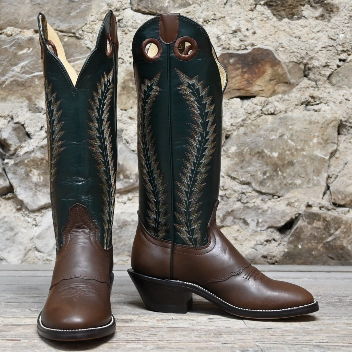 View of Hondo 16" cowboy boot with forest green top, brown retan vamp, pull holes, and spur ledge