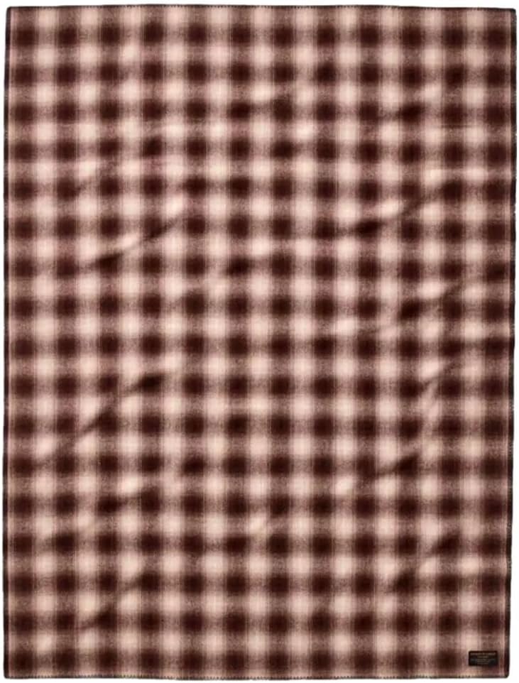Filson Mackinaw wool blanket in brown tan ombre with serged edges