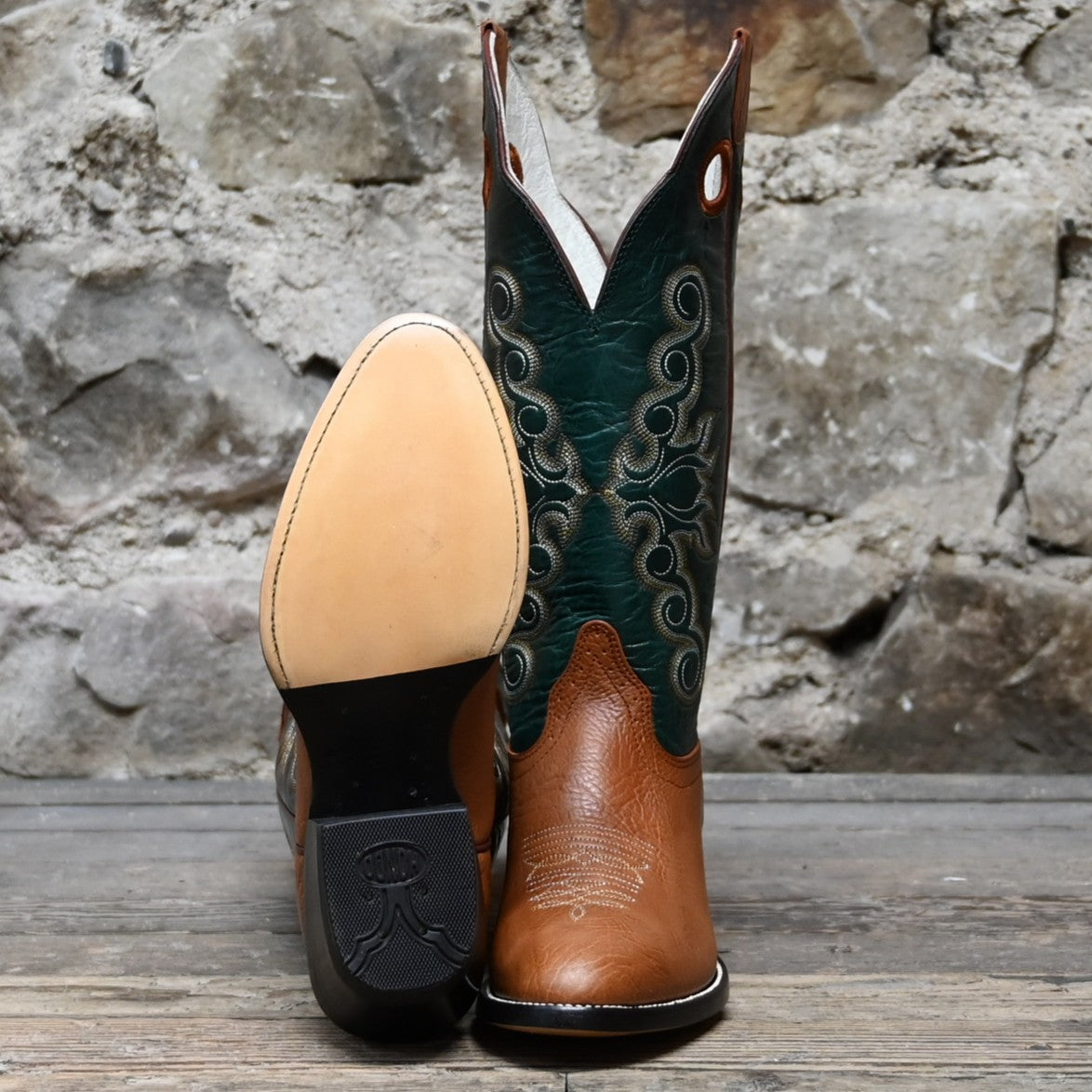 View of Hondo 14" cowboy boot with green volcano top, walnut vamp, white toe bug stitching, and pull holes