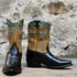 View of Hyer NANETTE 9" boots showcasing black cowhide vamp and sunflower vintage goat top with butterfly inlay, fashion snip toe, and leather stacked heel