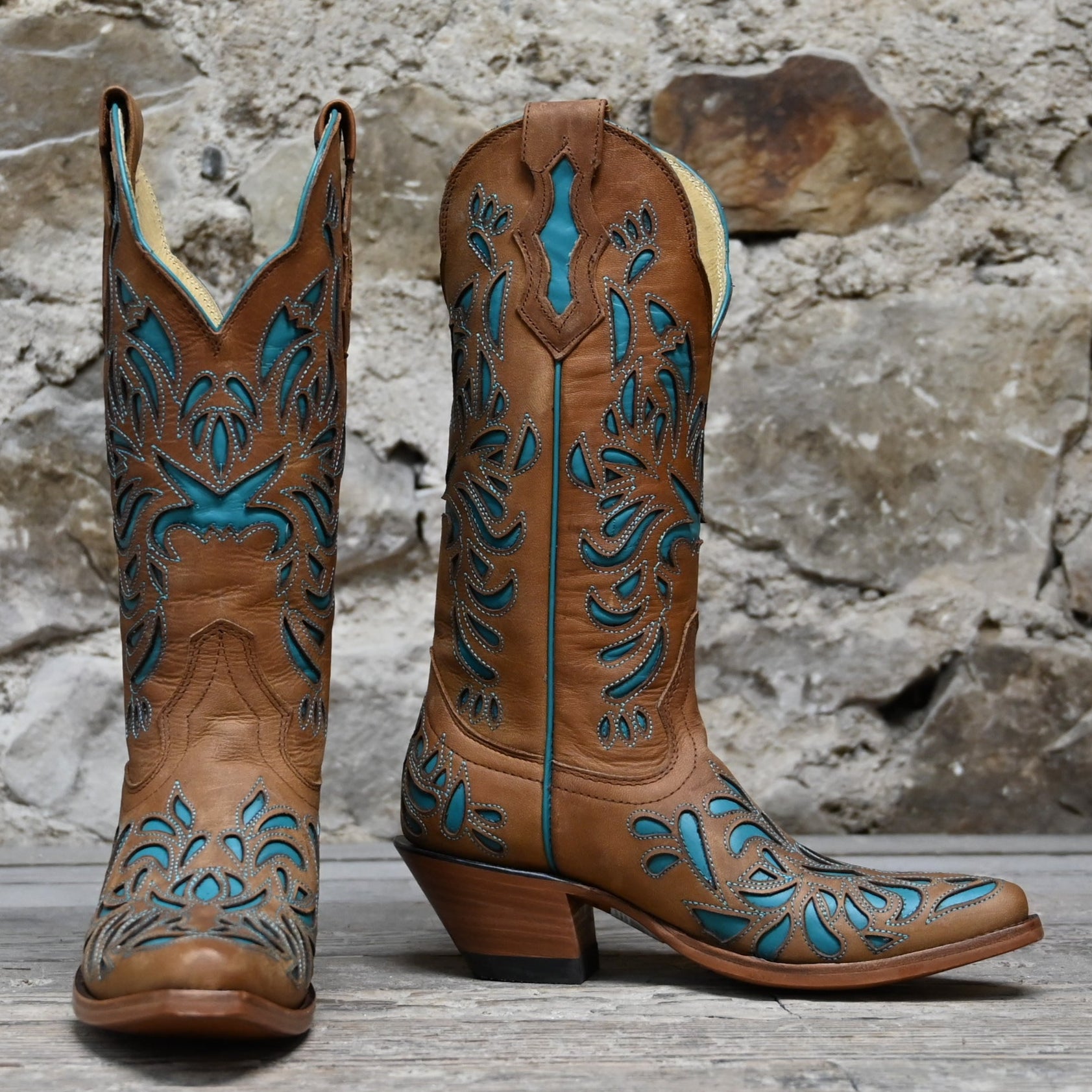 View of Hondo 13" cowboy boot in brown goat with turquoise inlays and tight snip toe