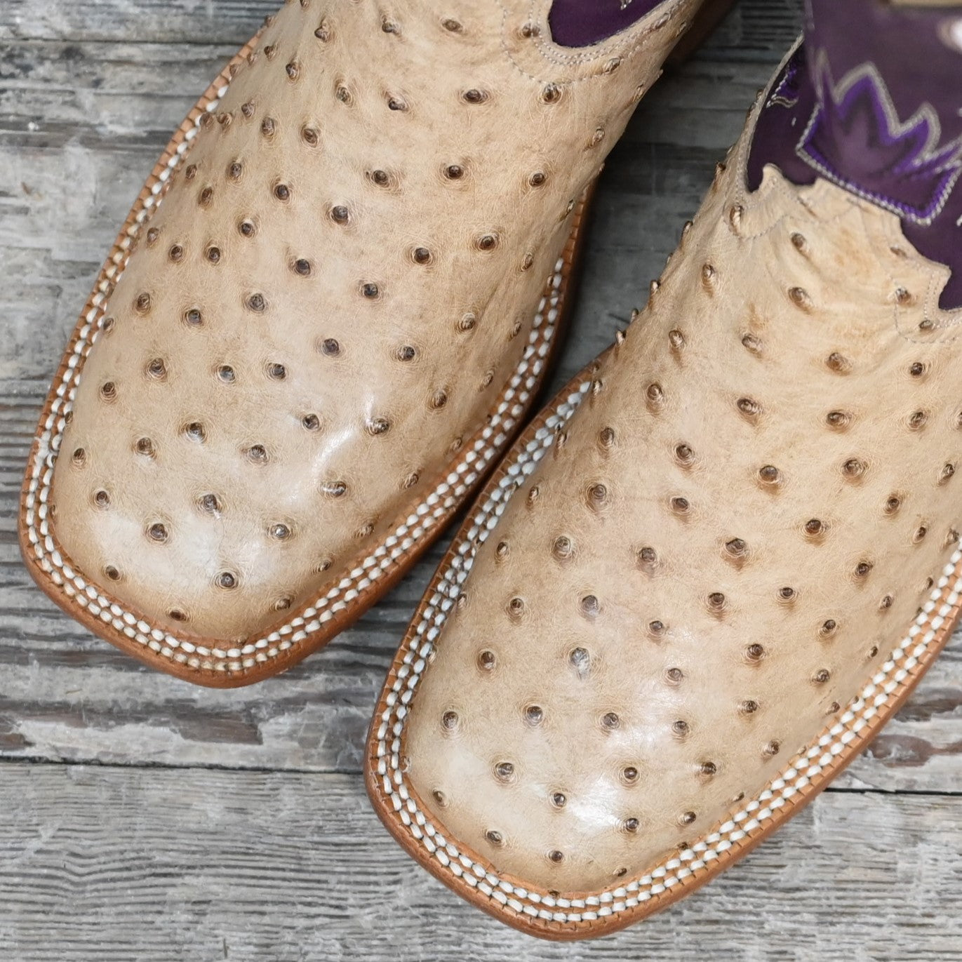 Hyer HARPER 13" boots showcasing tan full-quill waxy ostrich vamp and eggplant vintage goat upper with broad square toe and Stockman block heel