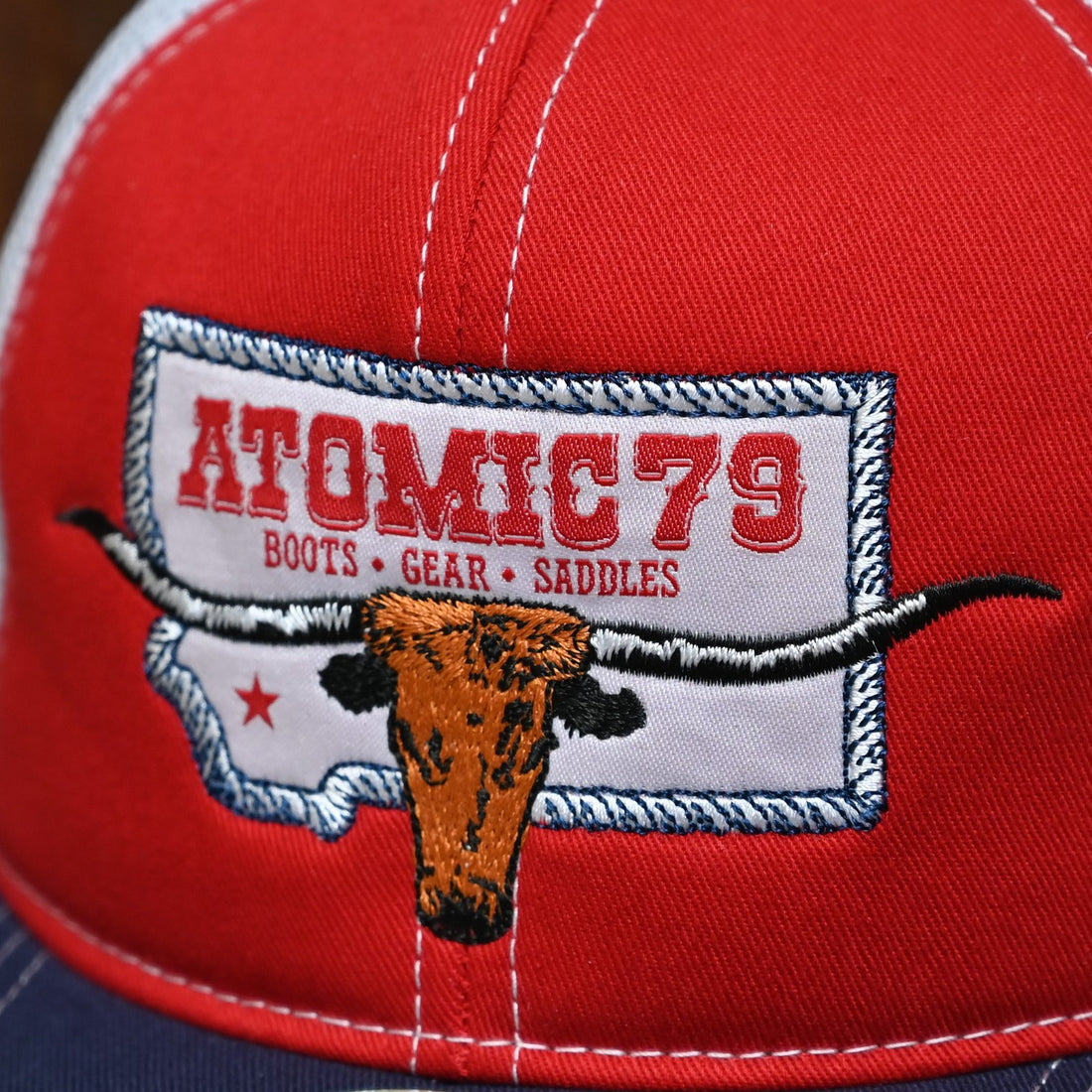 Atomic 79 Mesh Cap in Red White and Blue with Logo view of detail