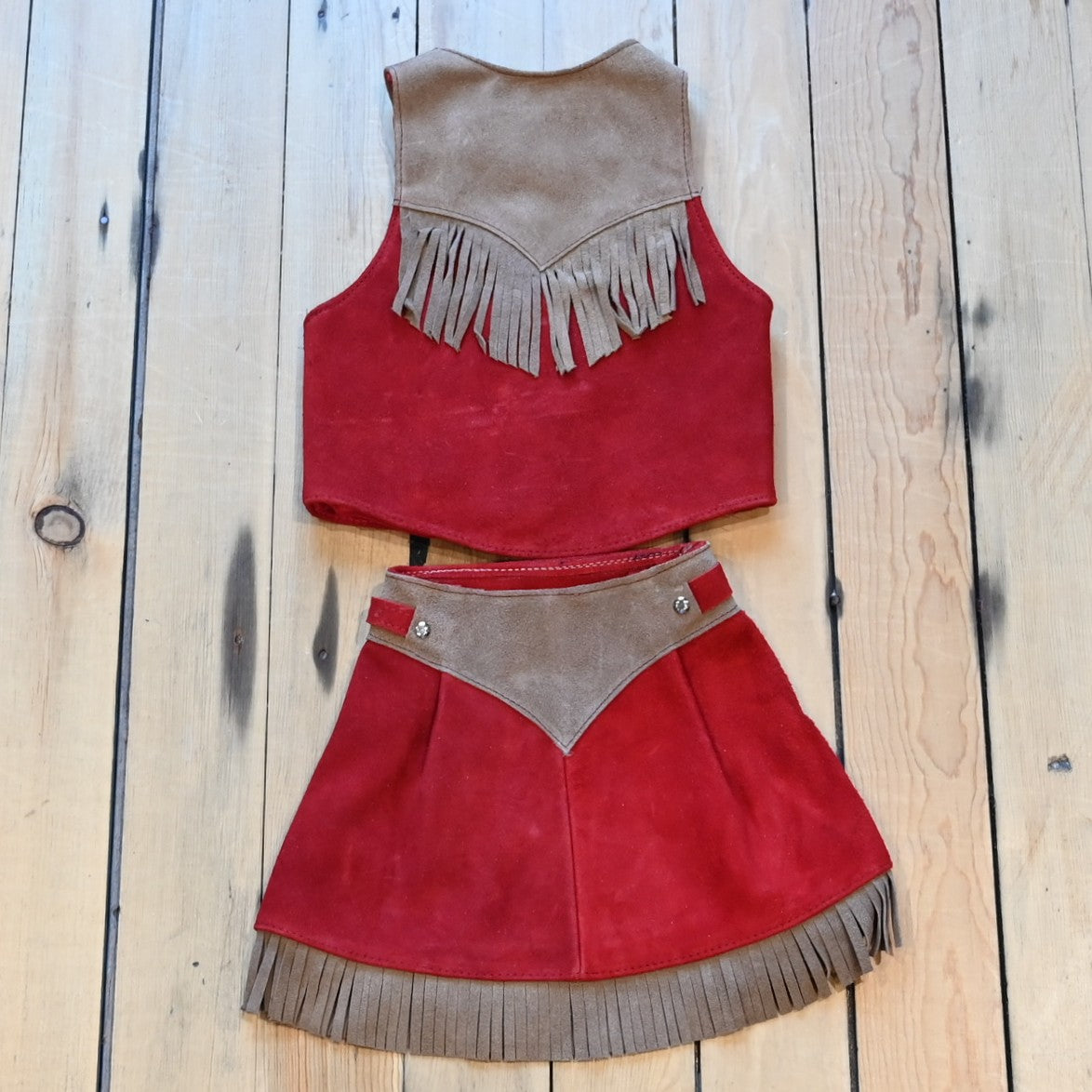 Girls red leather skirt & vest set by Southbay Leather, genuine leather two-piece youth Western outfit