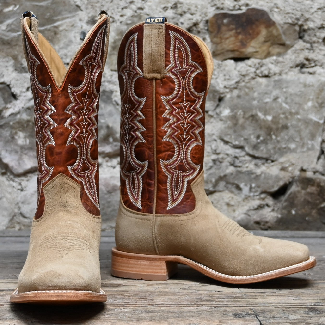 View of Hyer HOLTON 13" boots showcasing sand roughout leather vamp and orange vintage cowhide upper with broad square toe and Stockman block heel