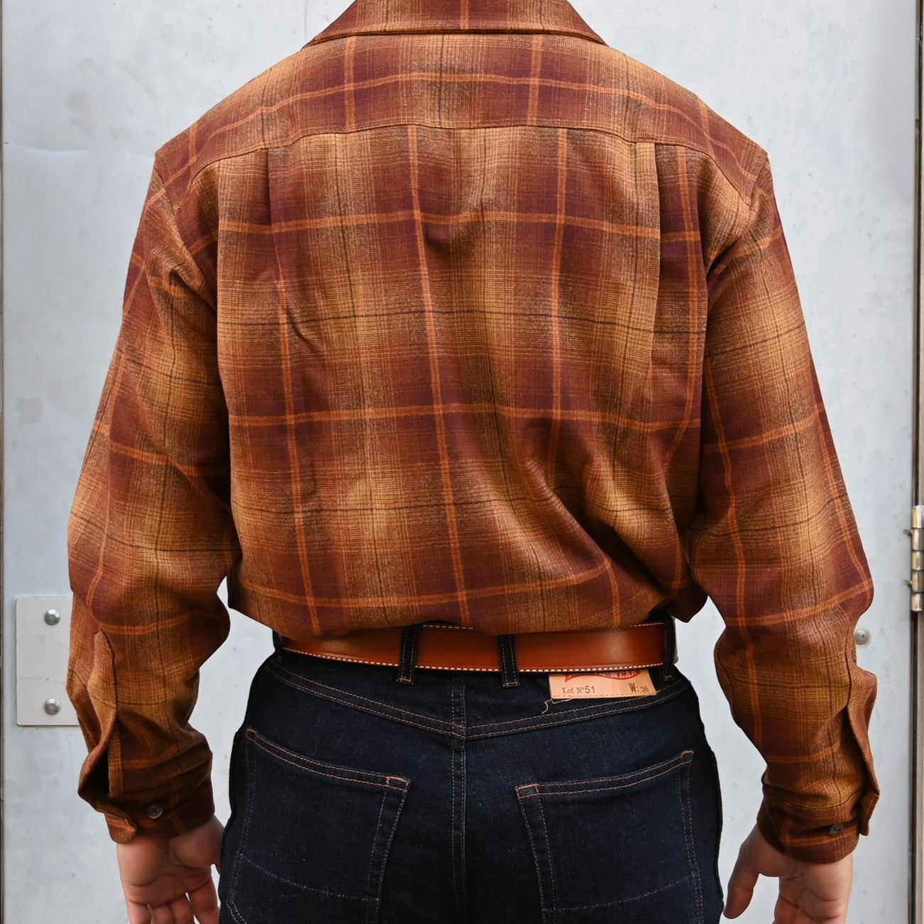 View of Pendleton gold-to-rust ombre board shirt in virgin wool with chest pockets