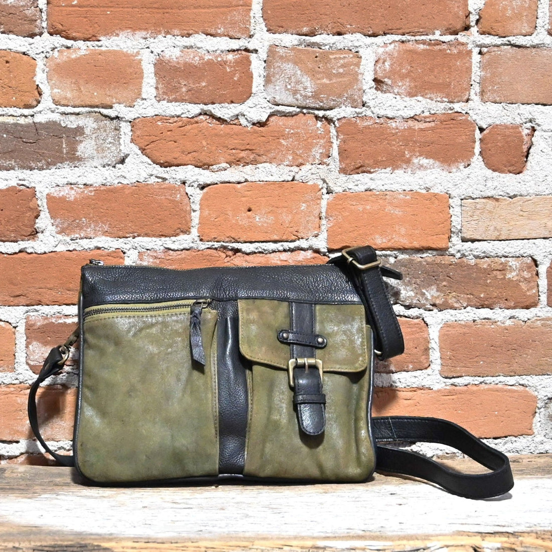 Latico Gypsy Crossbody with multiple outside pockets in Brown and Olive view of front