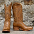 View of Hyer LEAWOOD 13" boots showcasing honey-colored Mestizo goat leather vamp and upper with Cutter toe and leather stacked heel
