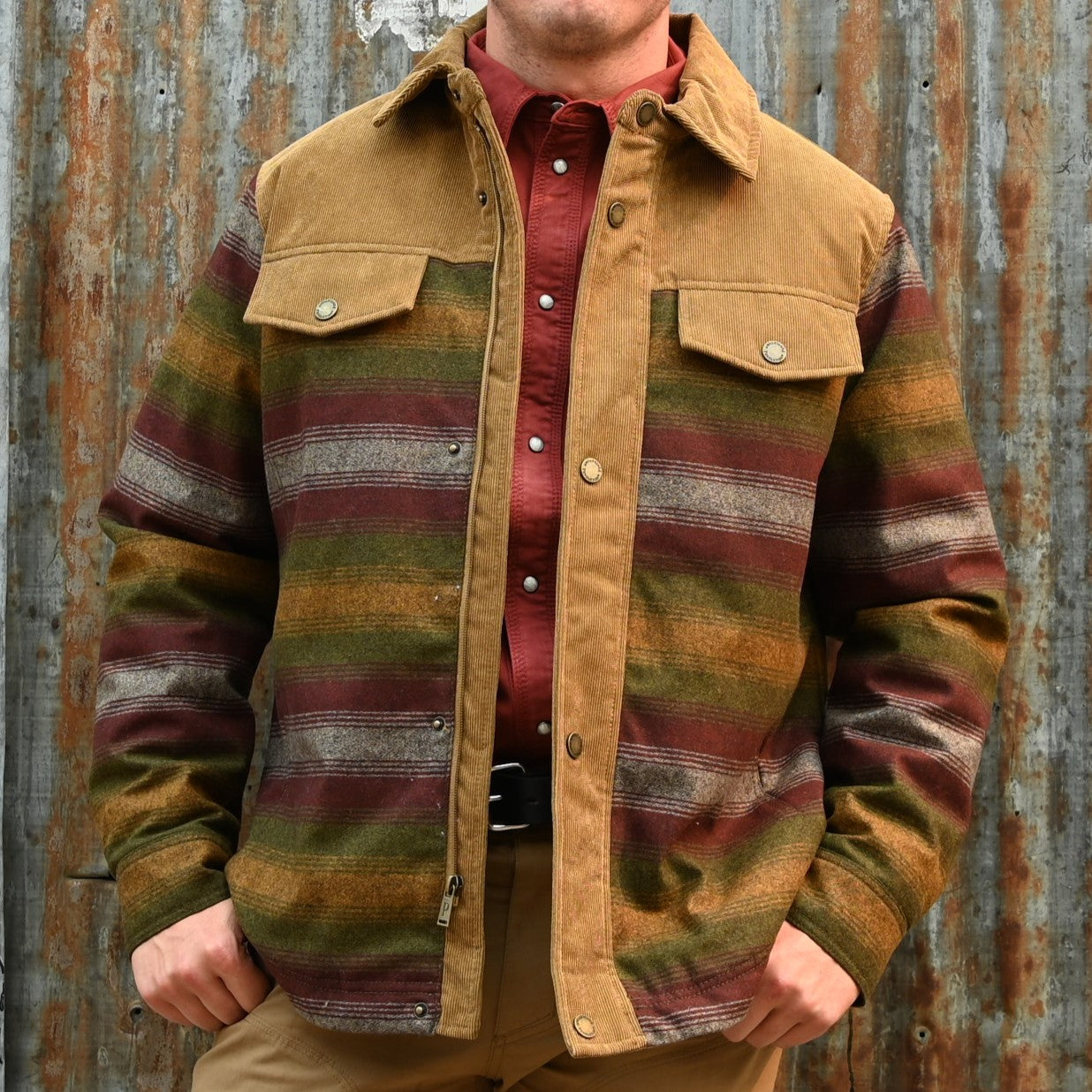 View of Pendleton men’s Timberline shirt jacket in olive bronze ombre stripe with quilted lining and corduroy yoke