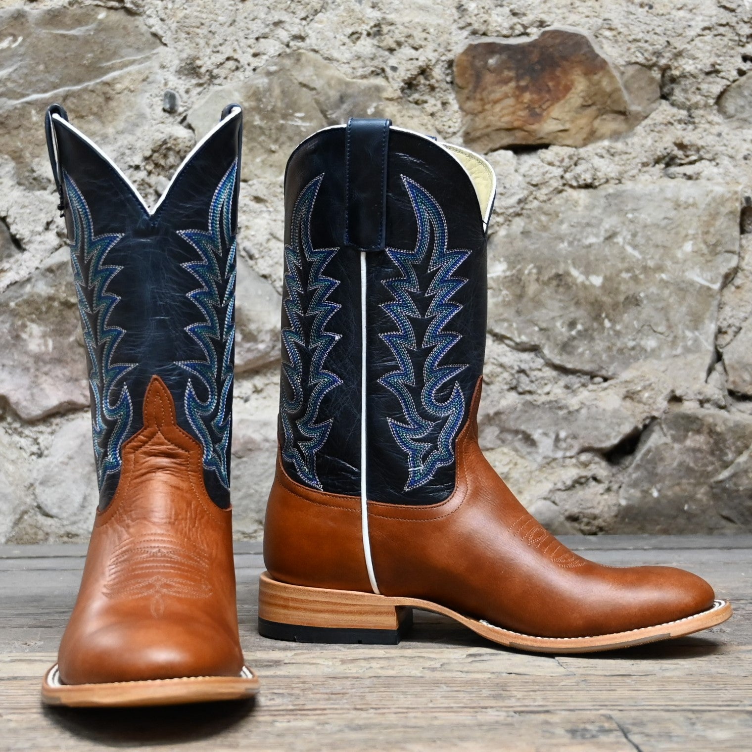View of Horse Power 11" boot with navy goat top, cognac Belton vamp, medium round toe, and pull straps