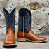 View of Horse Power 11" boot with navy goat top, cognac Belton vamp, medium round toe, and pull straps