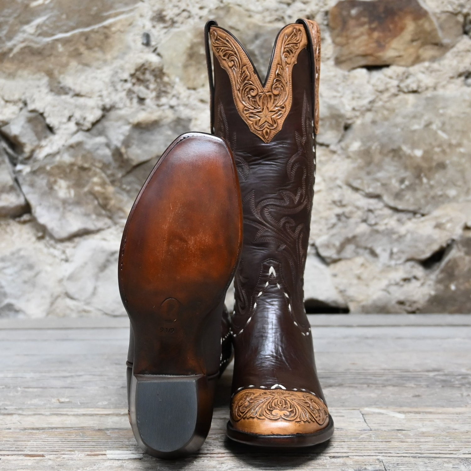 View of Stallion Ladies 14" chocolate cowhide boot with floral tooled top and bone buckstitching