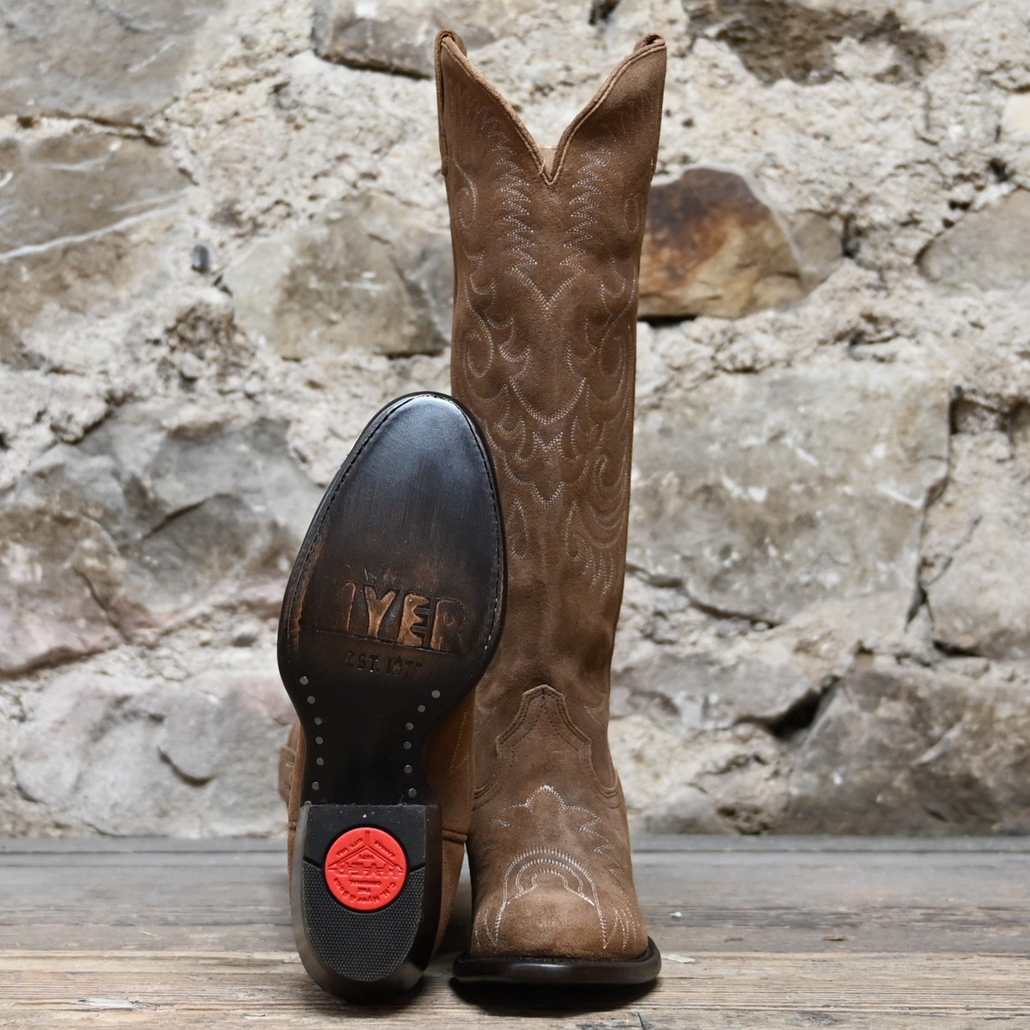 View of Hyer KINSLEY 16" boots showcasing Dijon waxy suede vamp and upper with retro round toe and Western underslung leather stacked heel