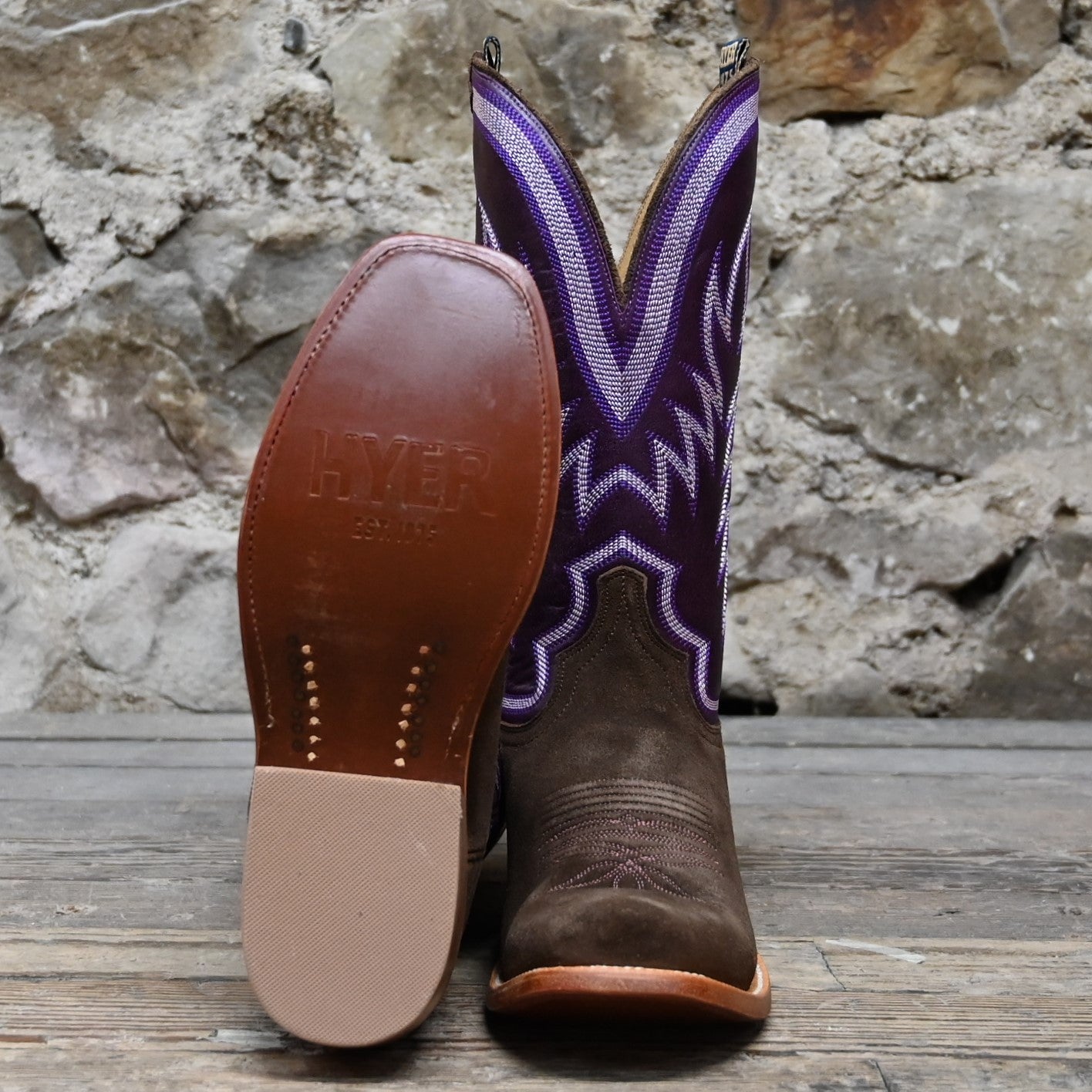 View of Hyer CULVER 13" boots showcasing chestnut napped roughout leather vamp and eggplant vintage goat upper with Cutter toe and underslung heel