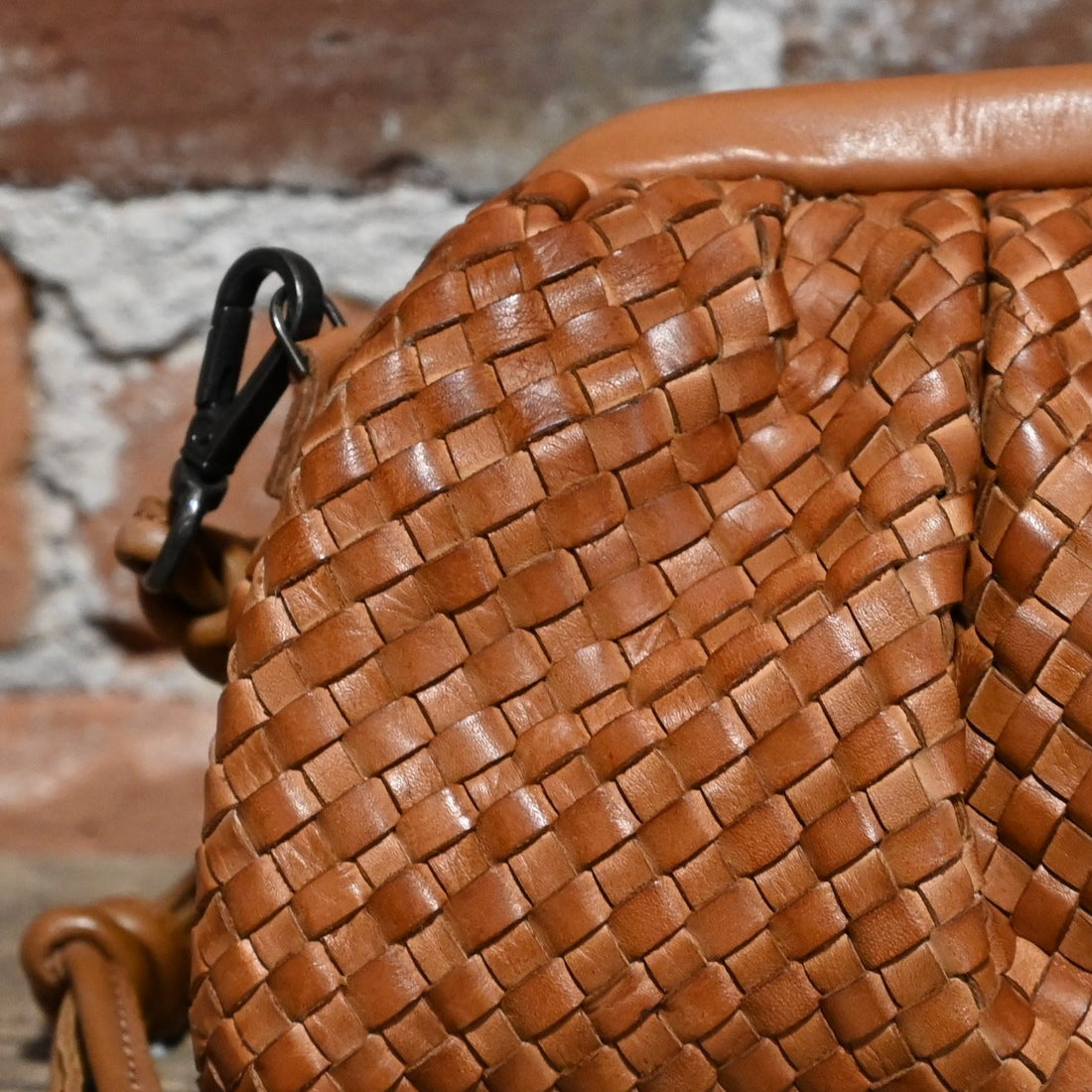 Latico Limited Edition Hayworth Crossbody Clutch style Cowhide Woven Bag in Cognac view of close up
