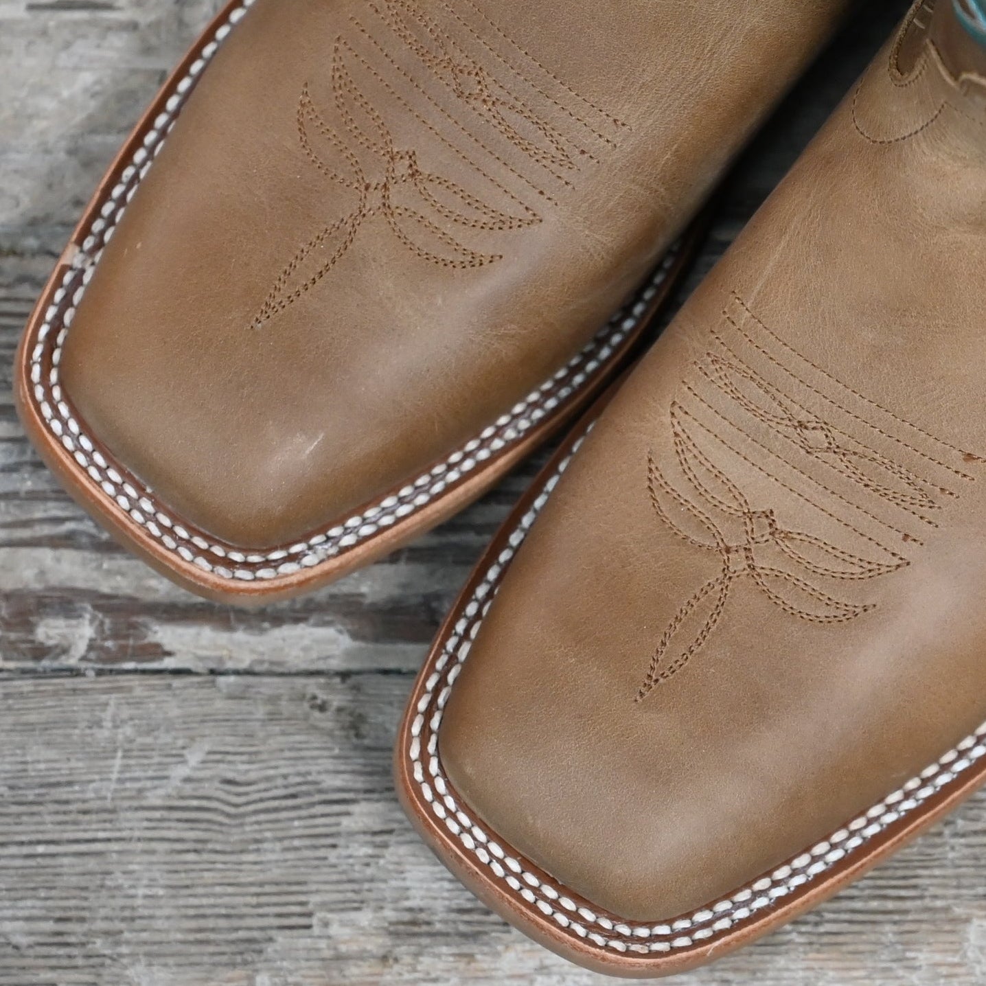 View of Macie Bean 13″ “A Perfect Tan” boot in tan leather with almond toe and City Girl heel