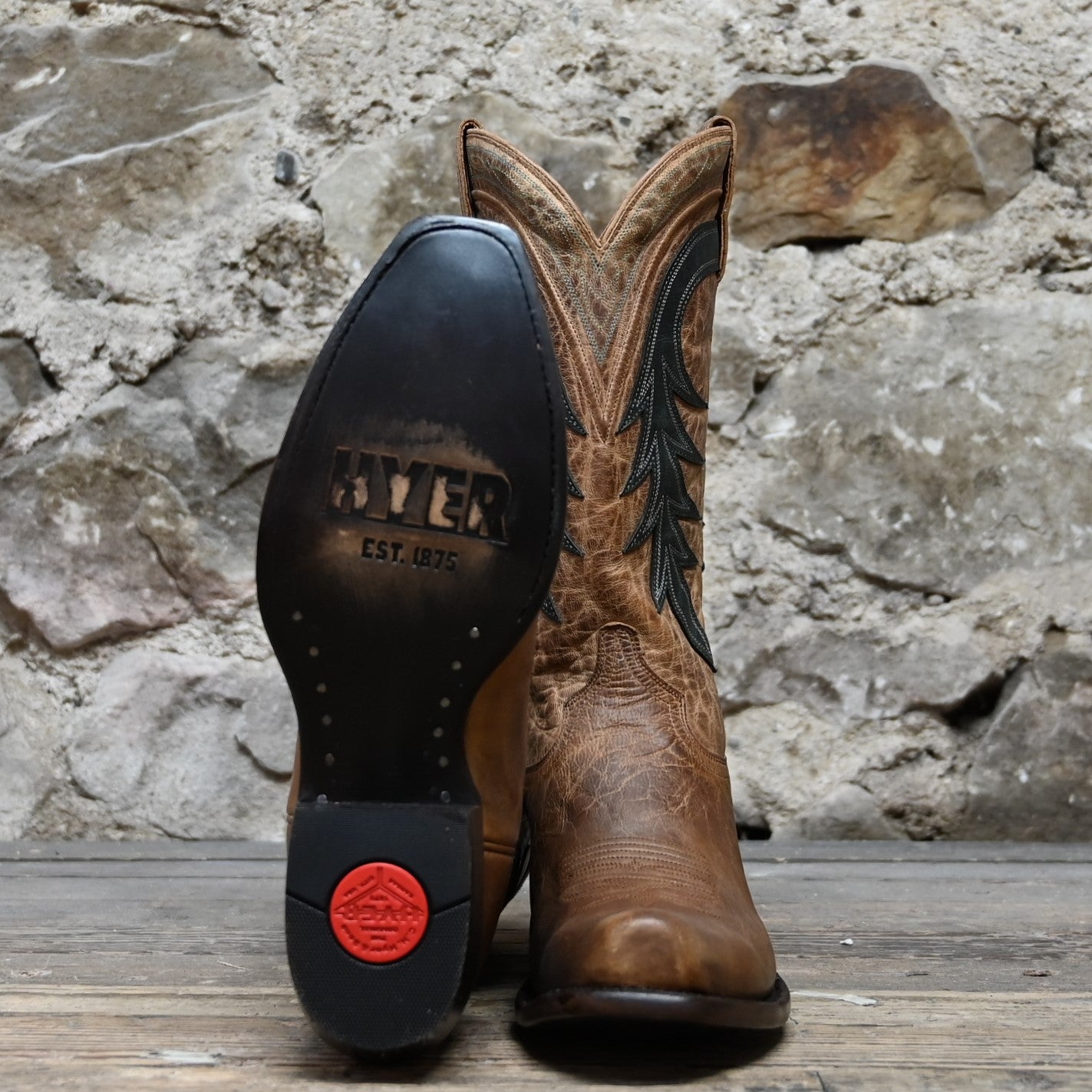 View of Hyer HUDSON 13" boots showcasing tan Mad Dog goat vamp and top with Forest goat overlay, Elite narrow square toe, and leather stacked heel