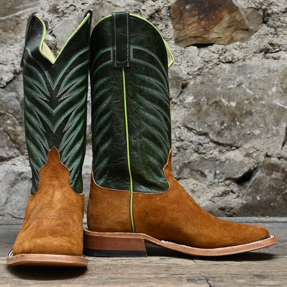 View of Anderson Bean 13" boot with rust crazy horse vamp, emerald explosion top, and square toe
