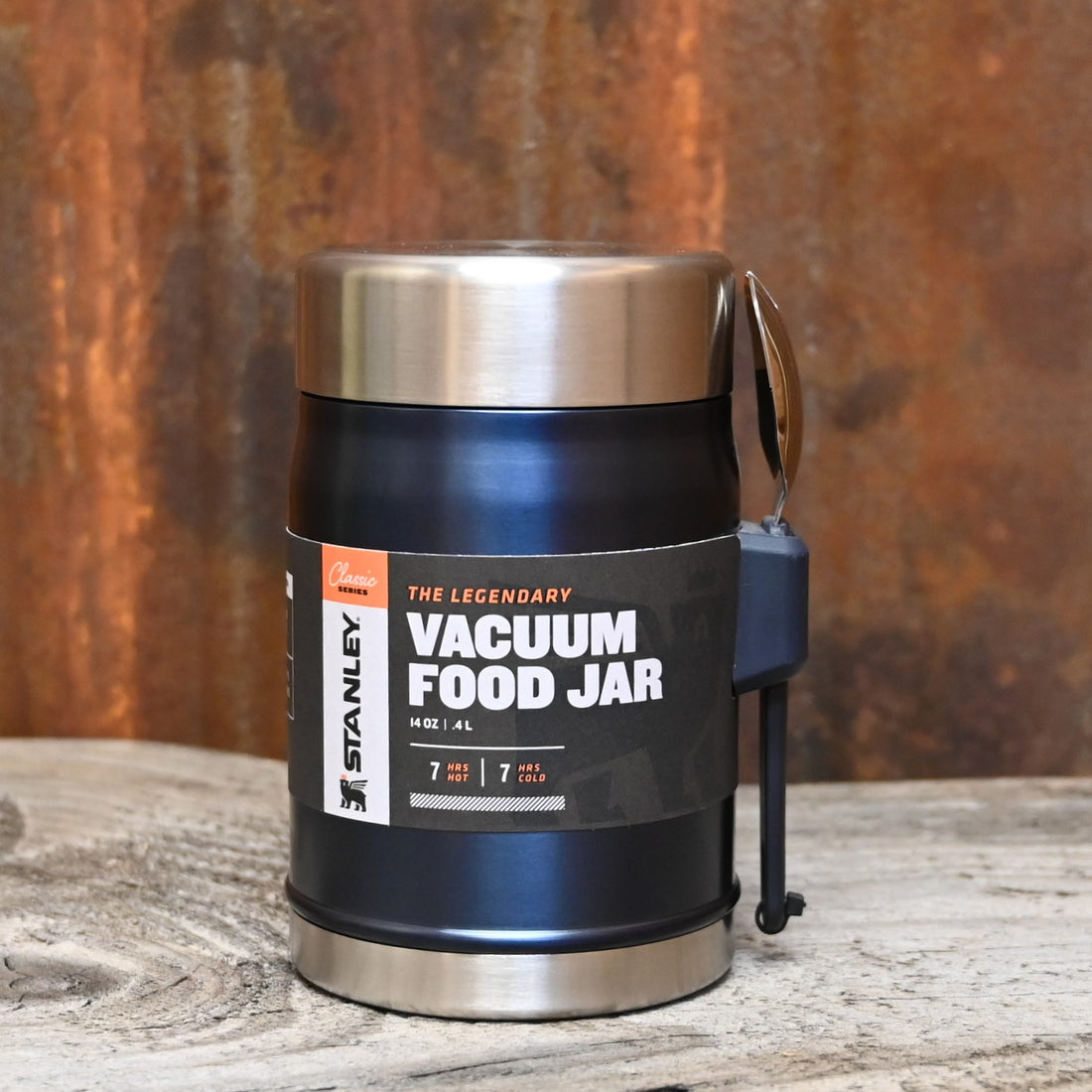 Stanley 14 Oz Clssic Vacuum Food Jar with Spork in Nighfall view of food jar
