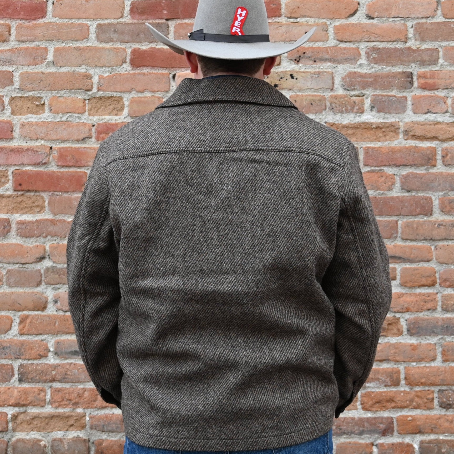 View of Filson Decatur Island Wool Jacket in Natural Brown featuring shawl collar and angled-entry patch pockets