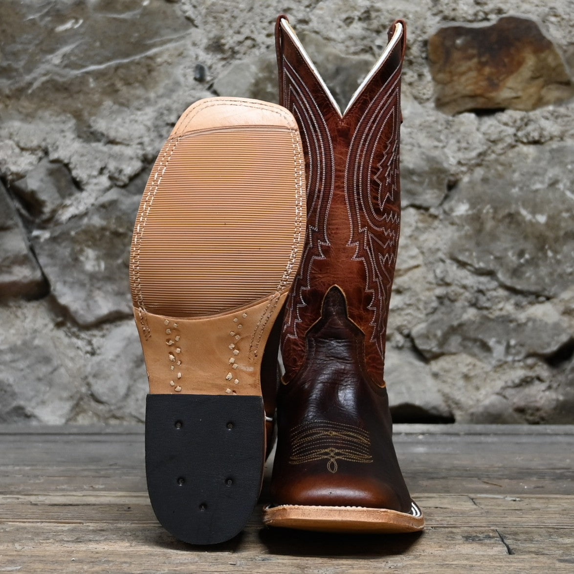 View of Anderson Bean 13" boot with Mike Tyson buffalo vamp, rust lava top, square toe, and pull straps