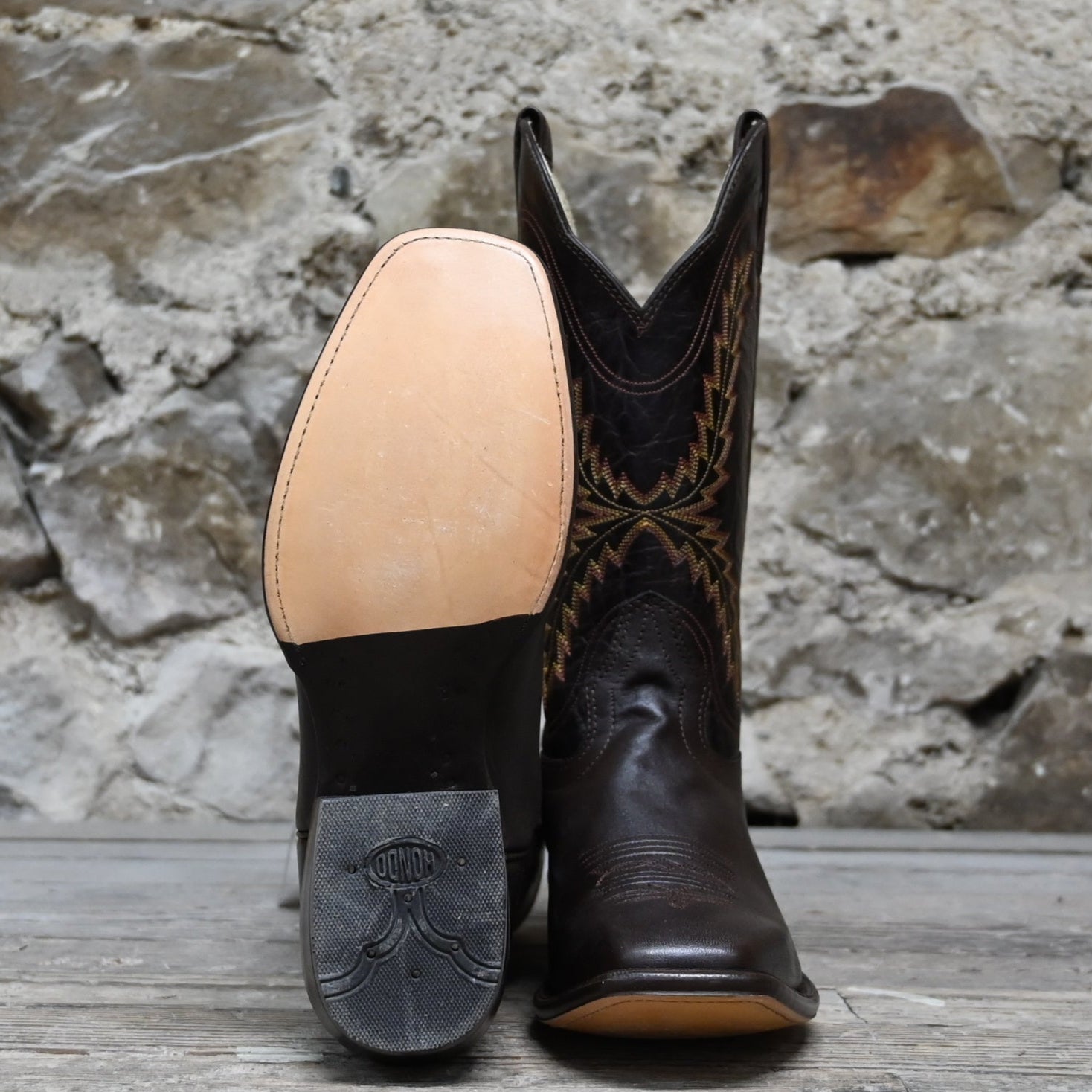 View of Hondo 13" cowboy boot with brown volcano top, brown steer vamp, and medium square toe