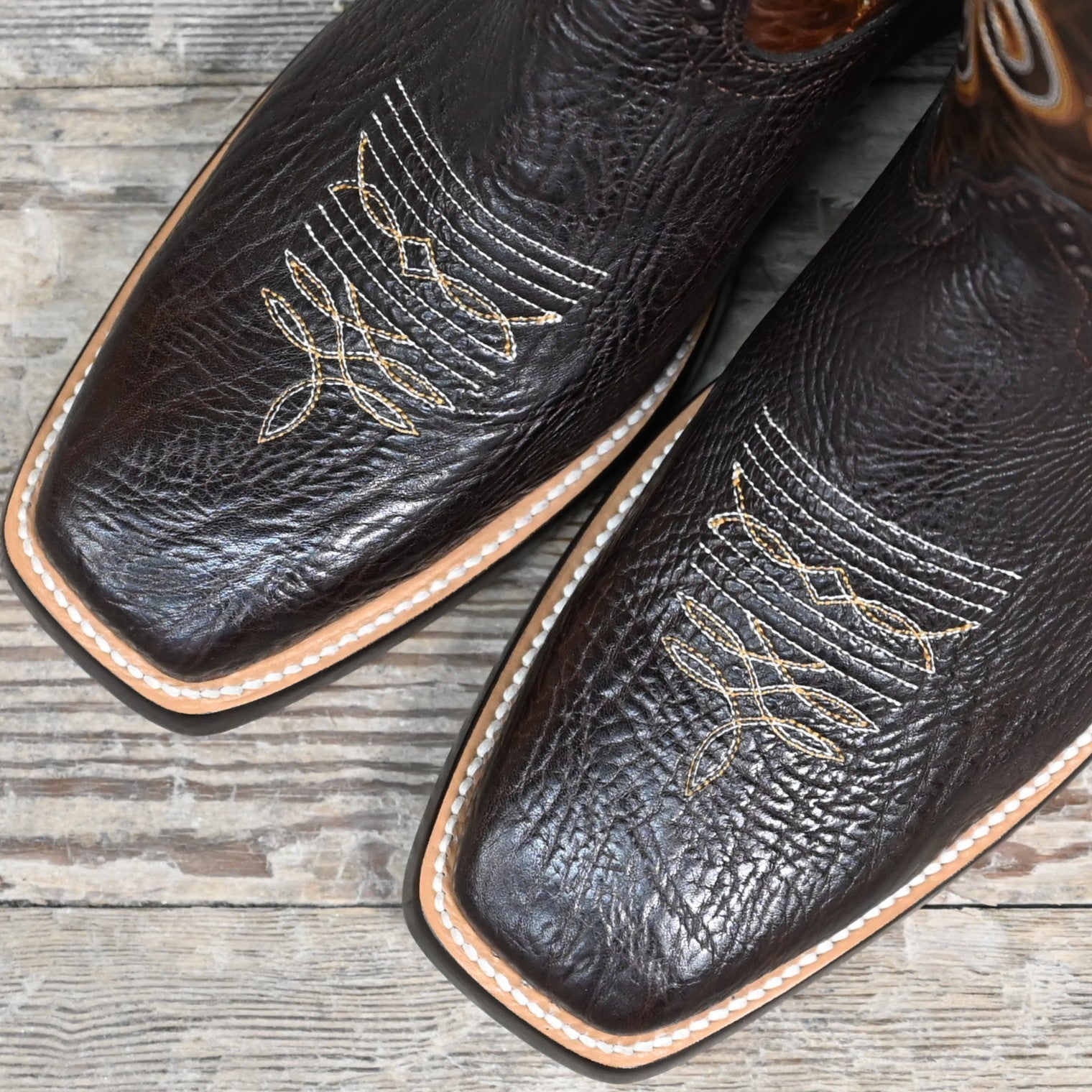 View of Hondo 13" cowboy boot with brown volcano top, chocolate Spanish shoulder vamp, and medium square toe