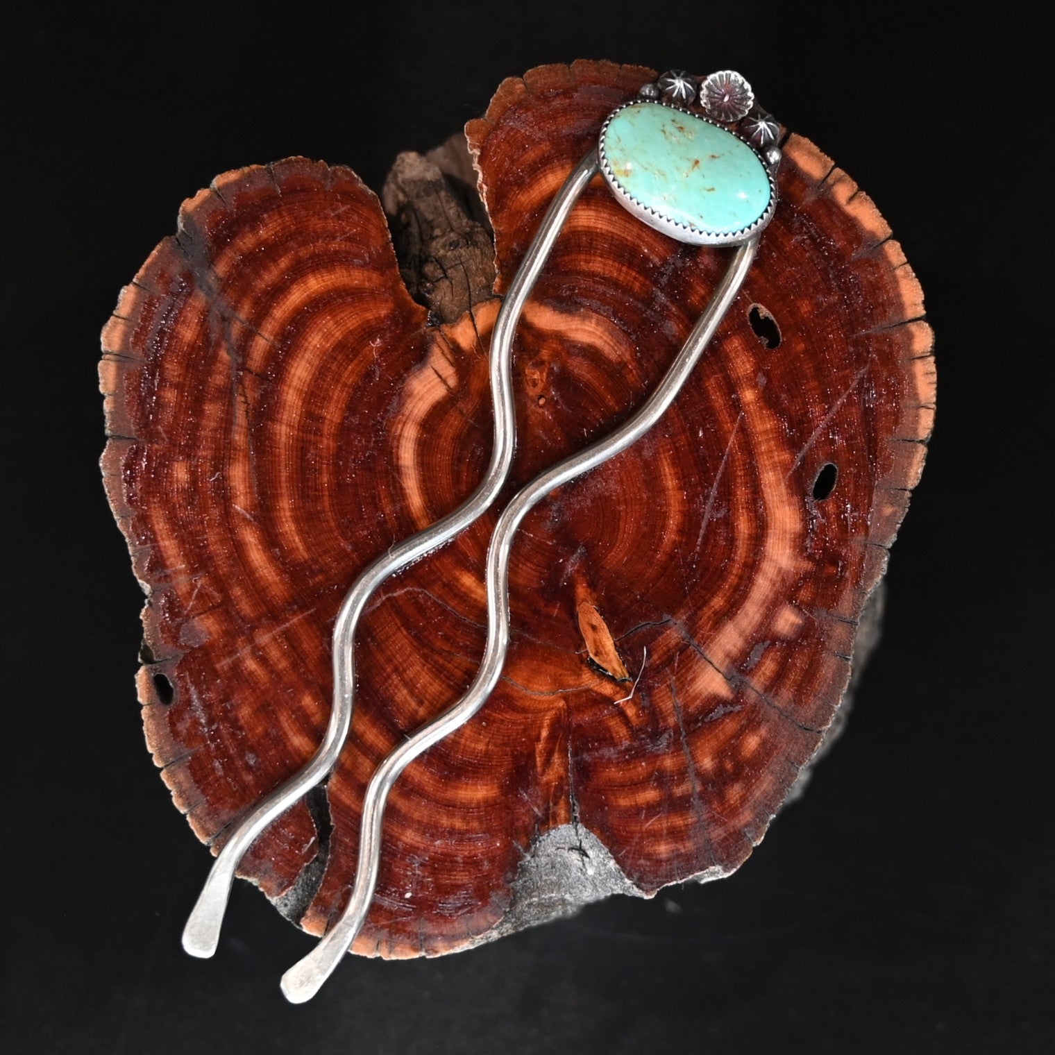 Calico Rose sterling and nickel silver hair fork with White Horse turquoise stone