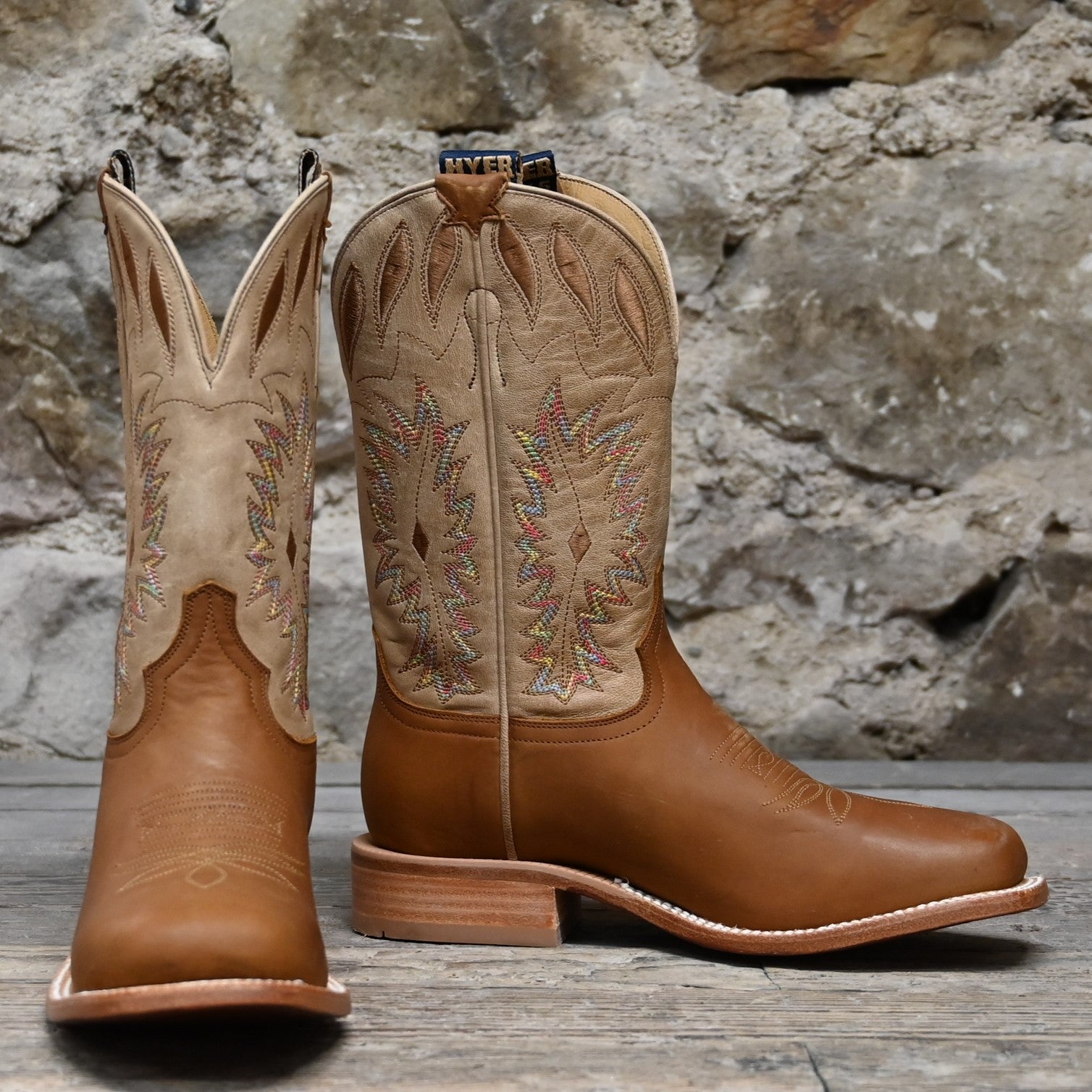 View of Hyer MULBERRY 11" boots showcasing sand Garrison goat leather top and clay mule cowhide vamp with broad square toe and leather stacked heel
