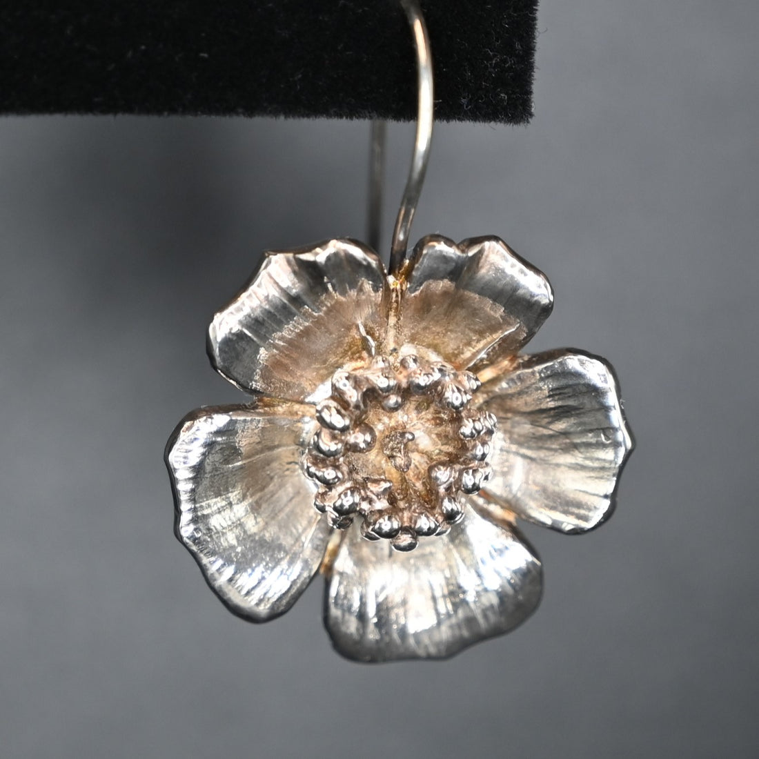 Sterling Silver Small Wild Rose Earrings On Wires view of close up