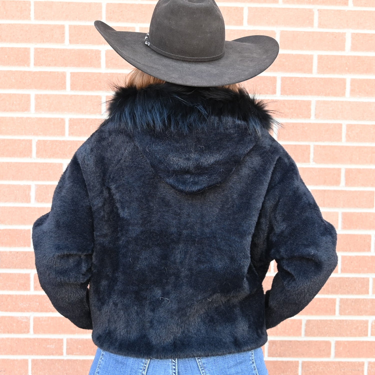 Morris Kaye Black Hoodie Jacket with Raccoon Trim view of back