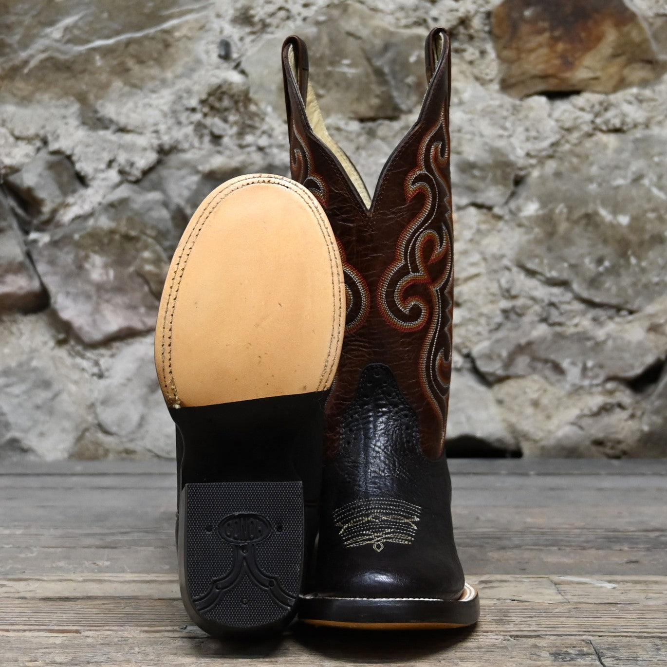 View of Hondo 13" cowboy boot with rust volcano top, chocolate Spanish shoulder vamp, and wide round toe