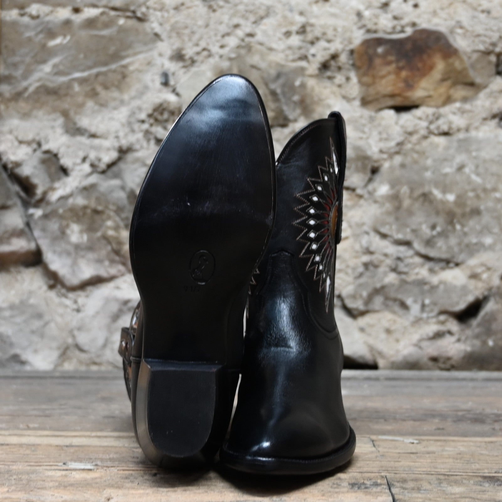View of Stallion Ladies 9" peewee boot with moonburst inlay, narrow round toe, and 2" heel