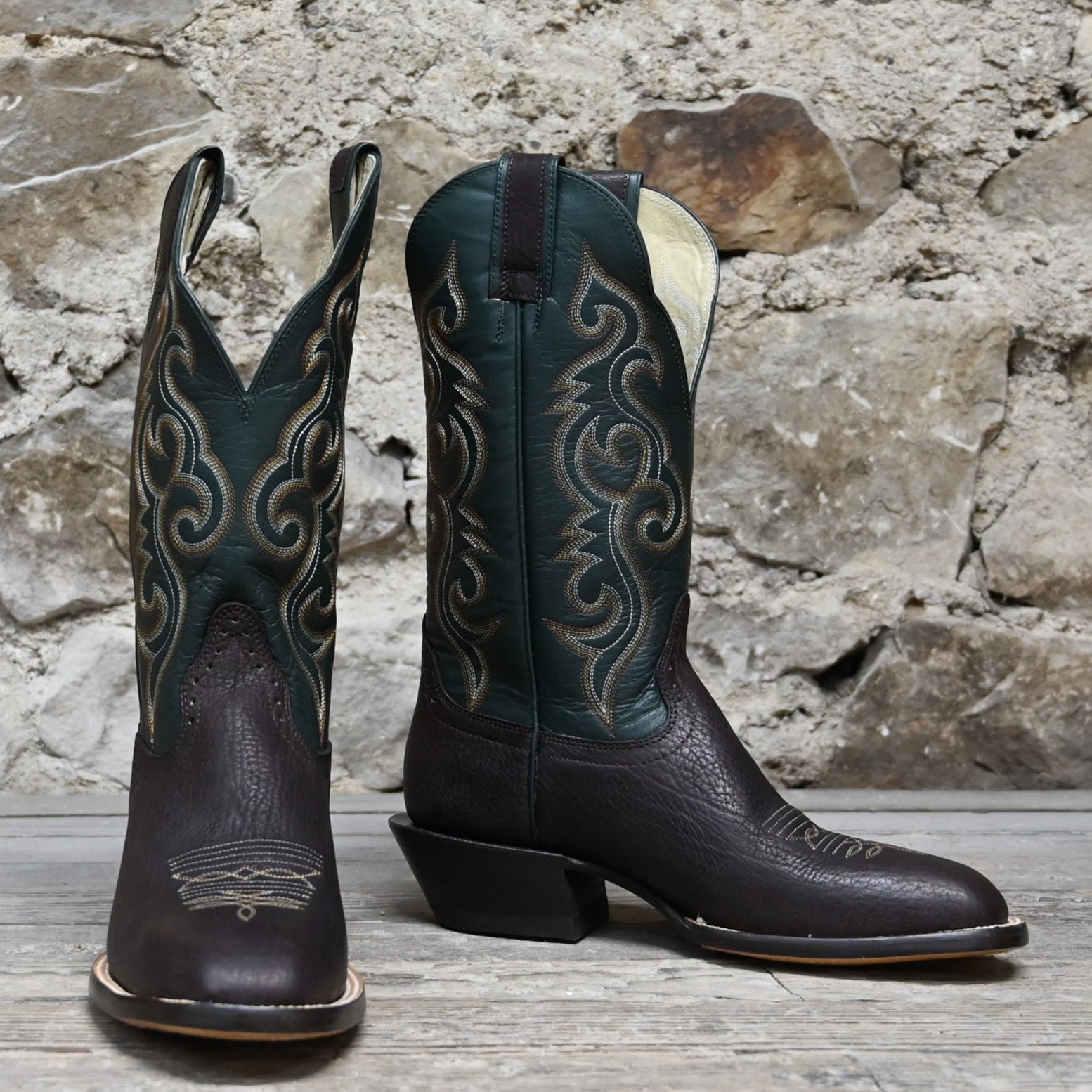 View of Hondo 13" cowboy boot with forest green top, cocoa pull up vamp, and tight French square toe