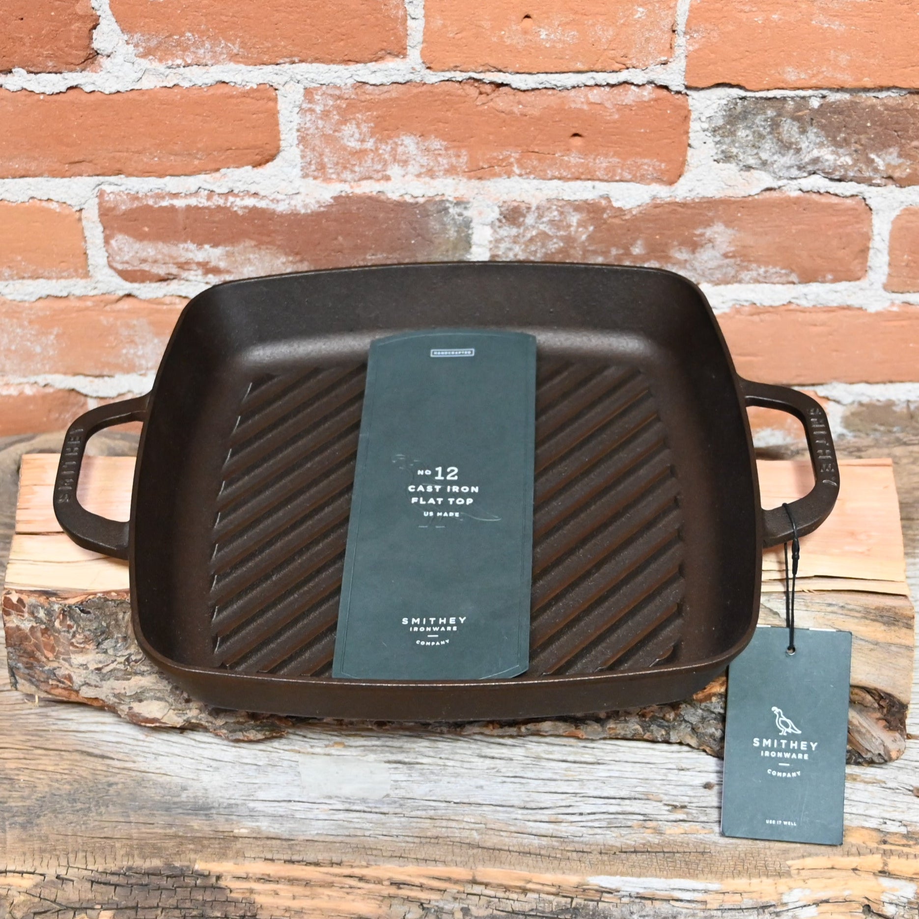 View of Smithey Ironware No. 12 Cast Iron Grill Pan with polished ridges and dual handles