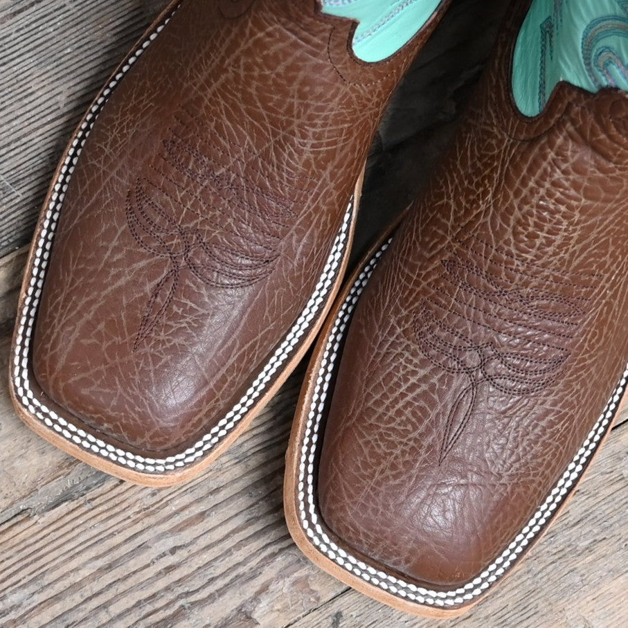 View of Anderson Bean 13" roper boot with teal top, brown vamp, square toe, and pull straps