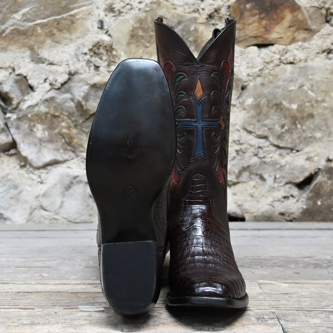 View of Stallion Men’s 13" boot in chocolate calf with Fleur-de-Lis inlays, semi square toe, and Western heel
