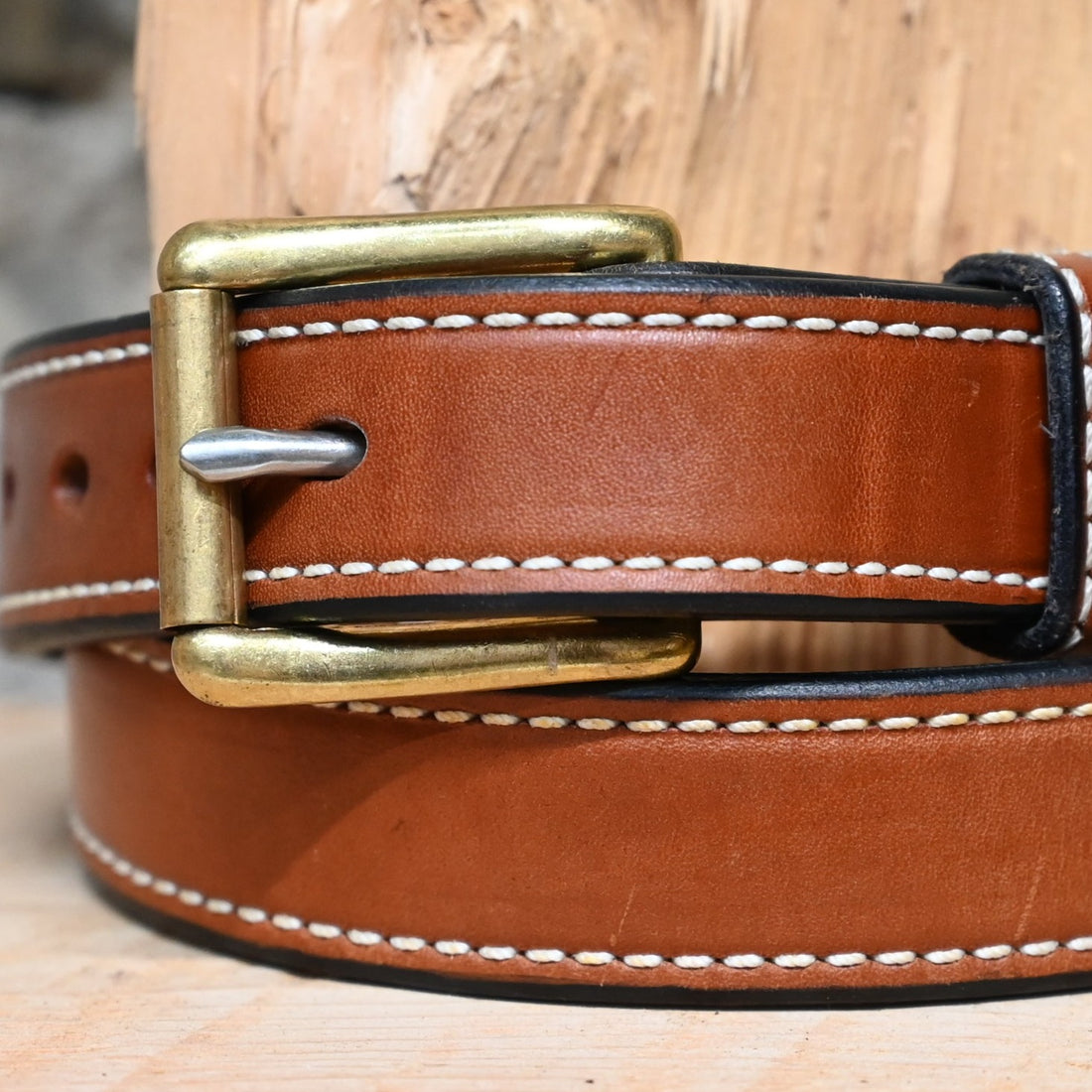 1.25&quot; Brown Double Stitched Belt view of close up