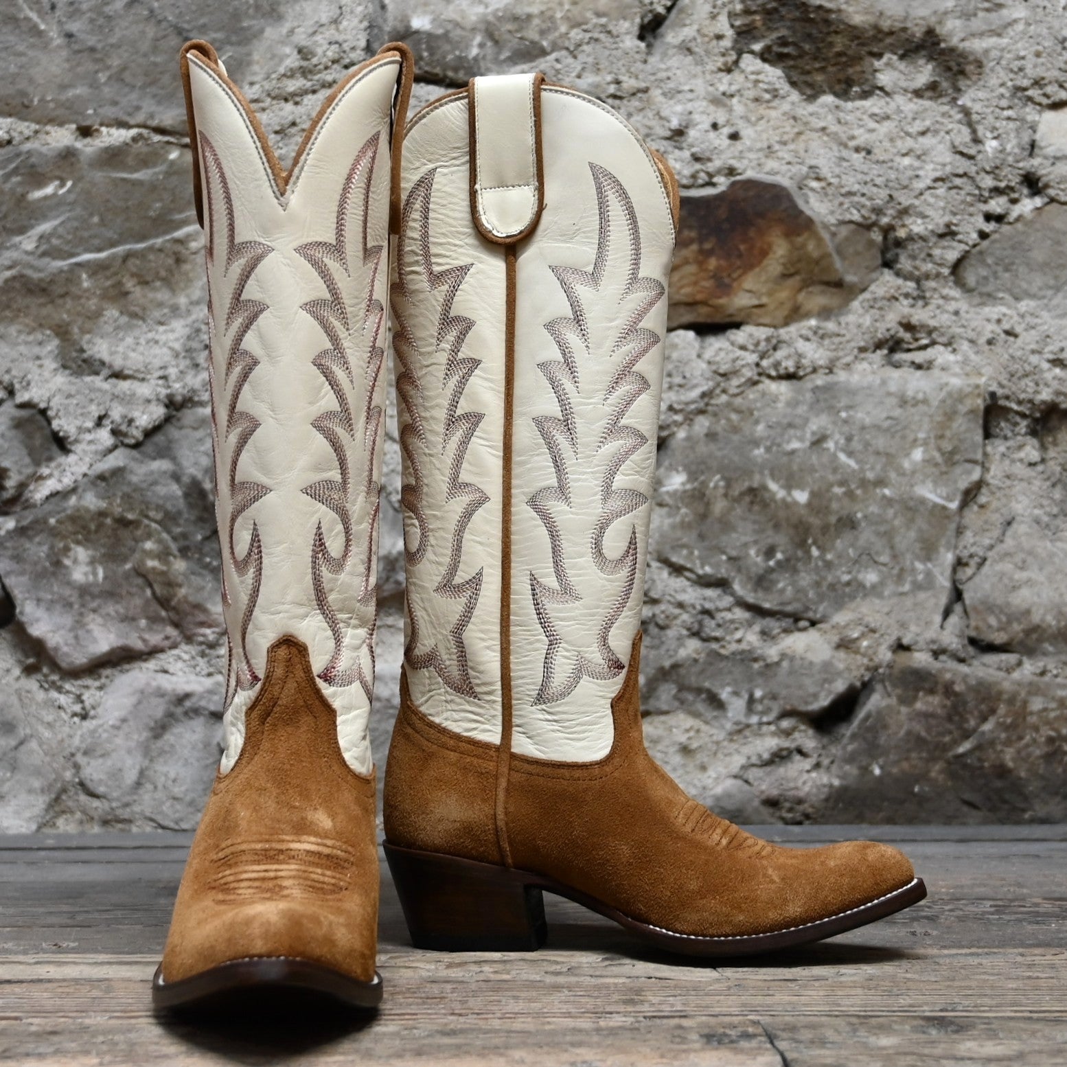 View of Macie Bean 15" brown suede boot with vanilla Hotshot top, almond toe, and cowgirl heel