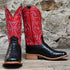 View of Hyer JETMORE 13" boots showcasing black full-quill ostrich vamp and red vintage goat upper with broad square toe and Stockman block heel