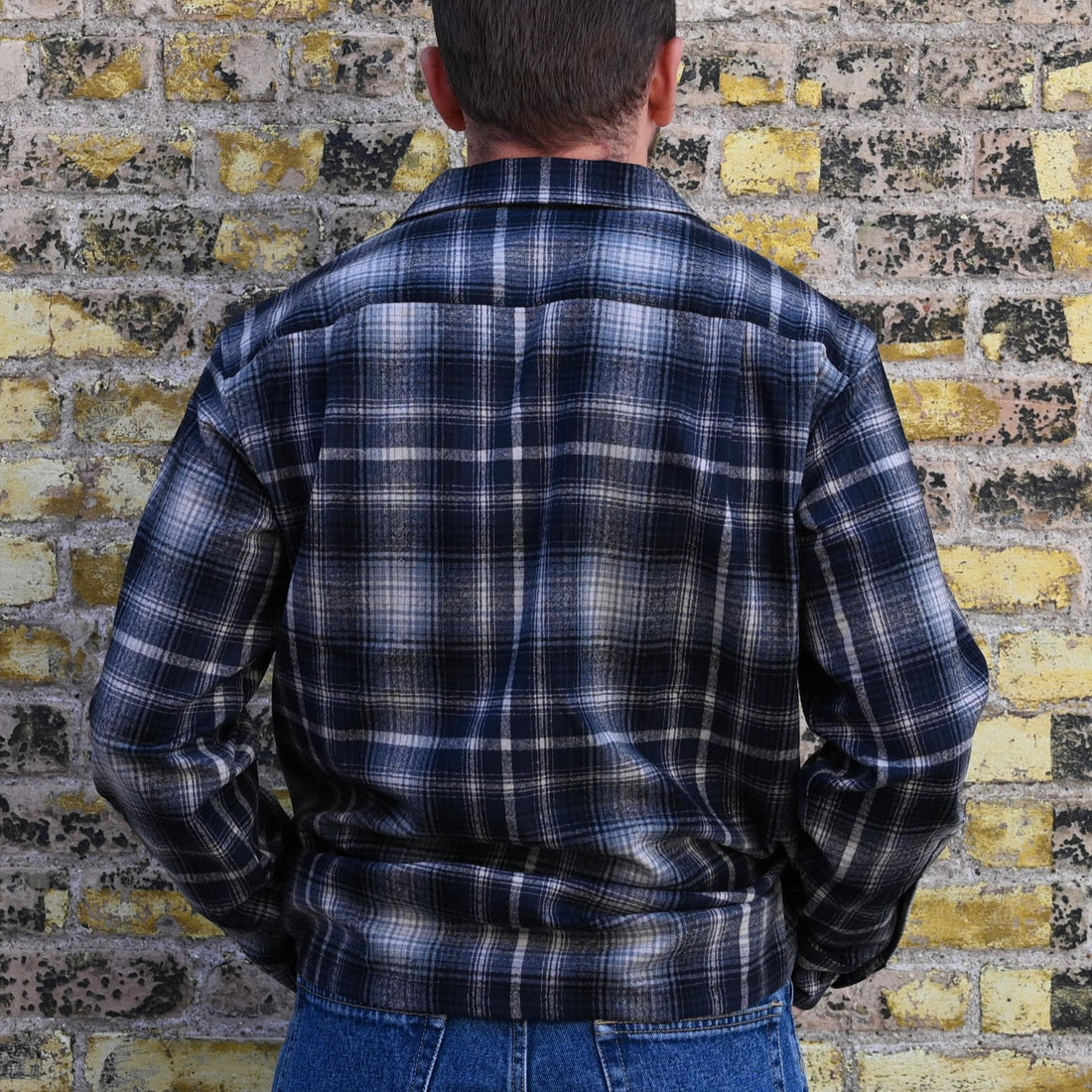 View of Pendleton grey-to-tan ombre wool board shirt with bias chest pockets
