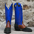 View of Hondo 16" cowboy boot with royal blue top, black roughout vamp, brown overlay, and pull holes