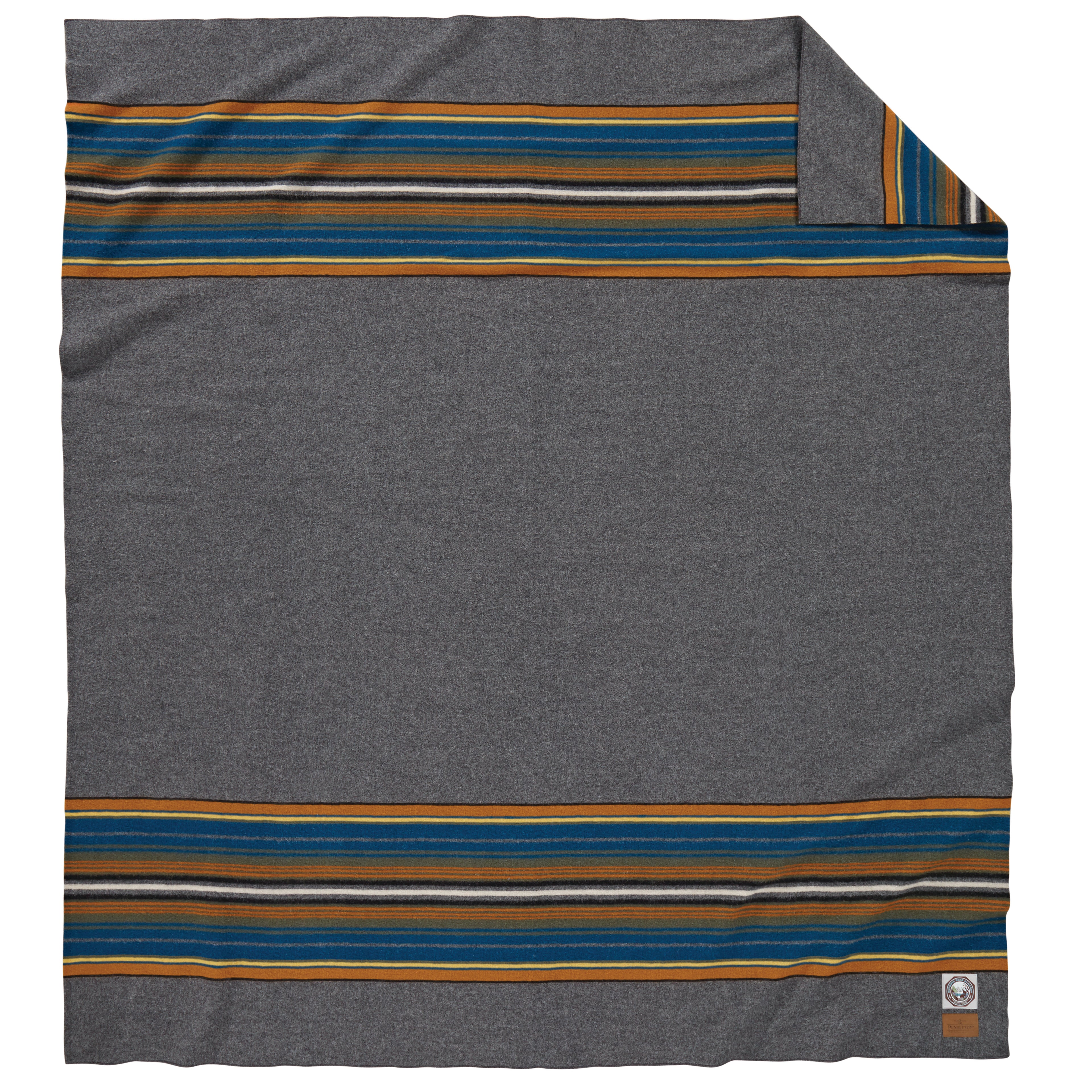 View of Pendleton Olympic Grey National Park Blanket (full size) with heather tones and park stripes