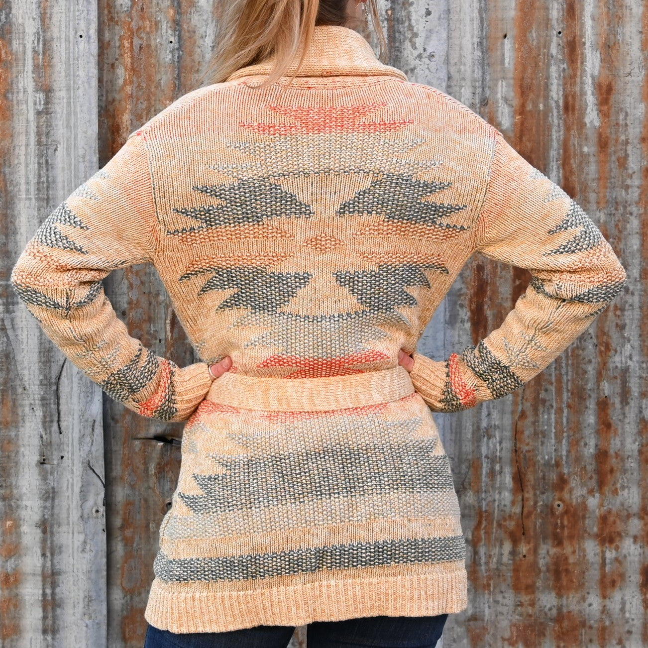 View of Pendleton ladies ivory and natural multi belted cotton cardigan with shawl collar