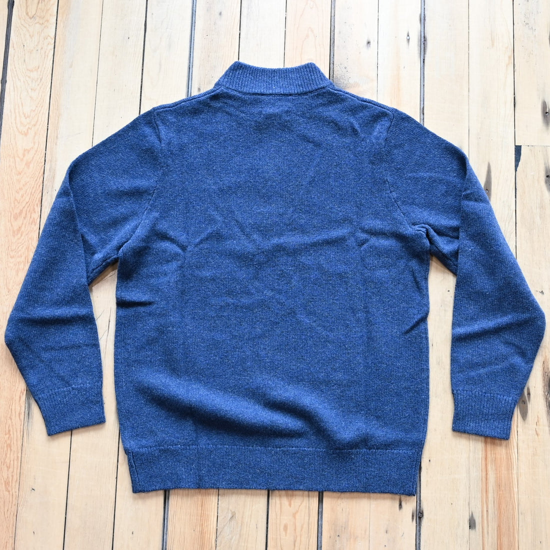 View of Pendleton men’s Shetland wool ¼ zip sweater in Dark Blue Heather with mock neck