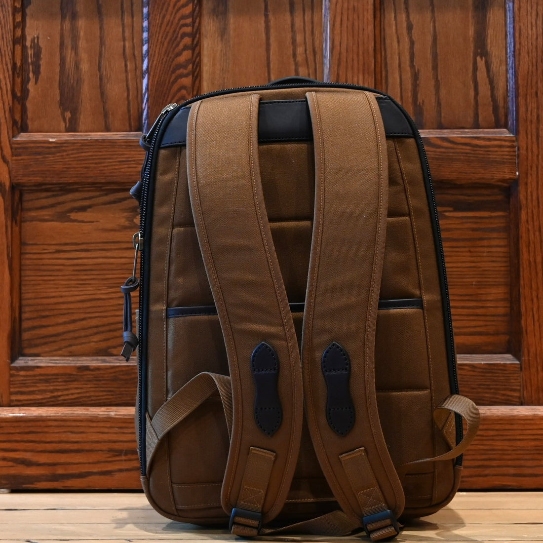 Filson Dryden Backpack in whiskey Cordura nylon with leather accents and multiple compartments