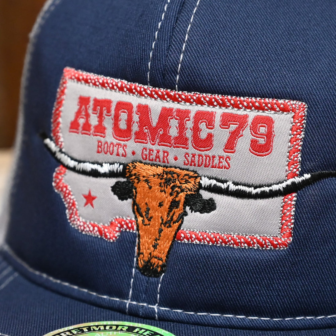 Atomic 79 Mesh Cap in Navy and Grey with Logo view of detail