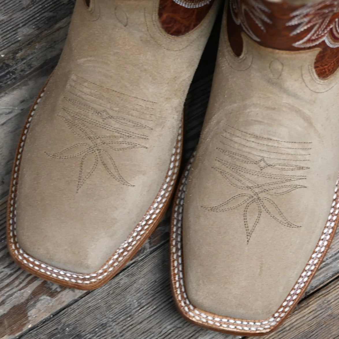 View of Hyer HOLTON 13" boots showcasing sand roughout leather vamp and orange vintage cowhide upper with broad square toe and Stockman block heel