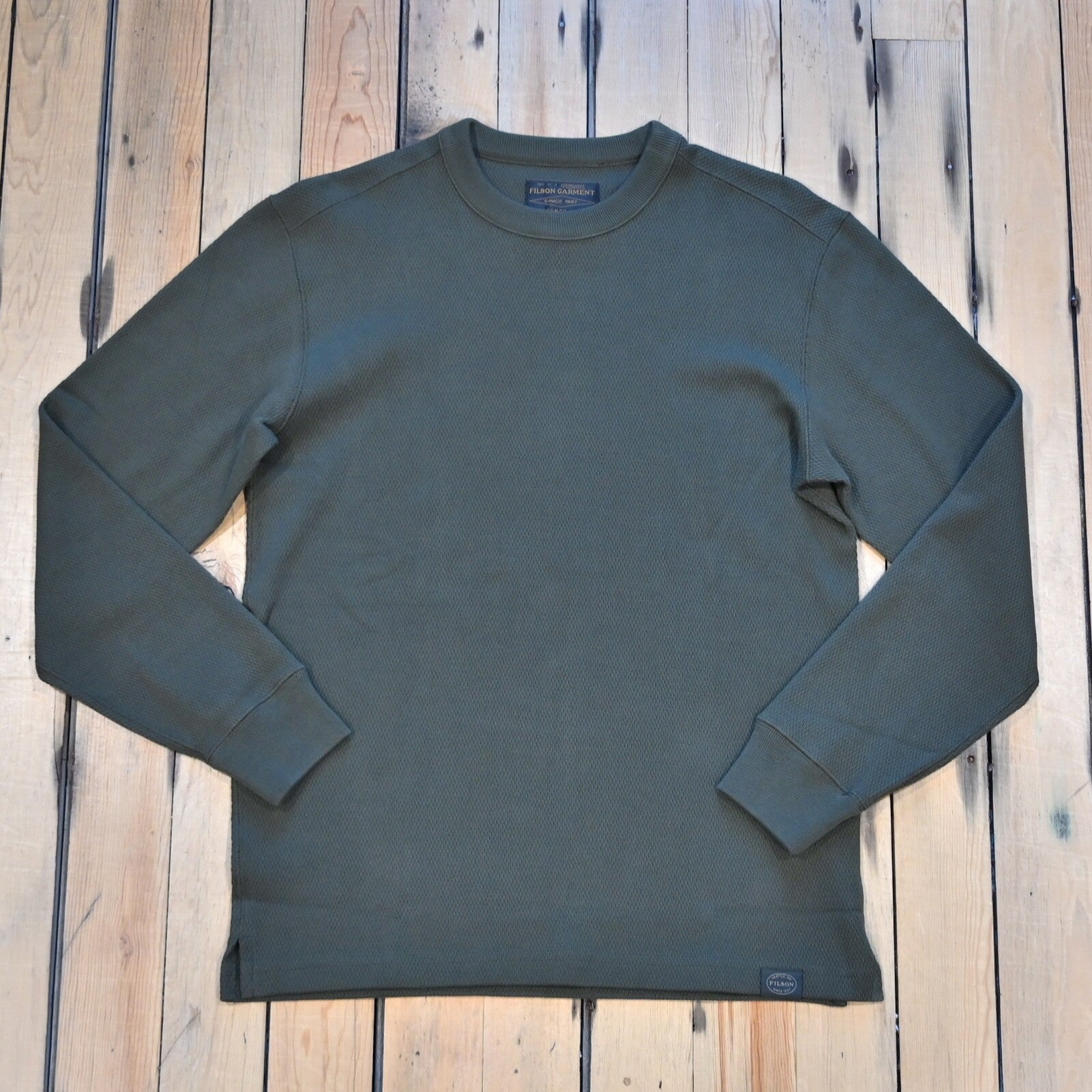 Filson Waffle Knit Thermal Crewneck in Mossy Rock waffle-knit cotton with rib-knit cuffs